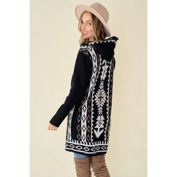 SOLD OUT Black Aztec Rainbow Western Hooded Knit Cardigan Long Sleeve Open - Picture 6 of 8